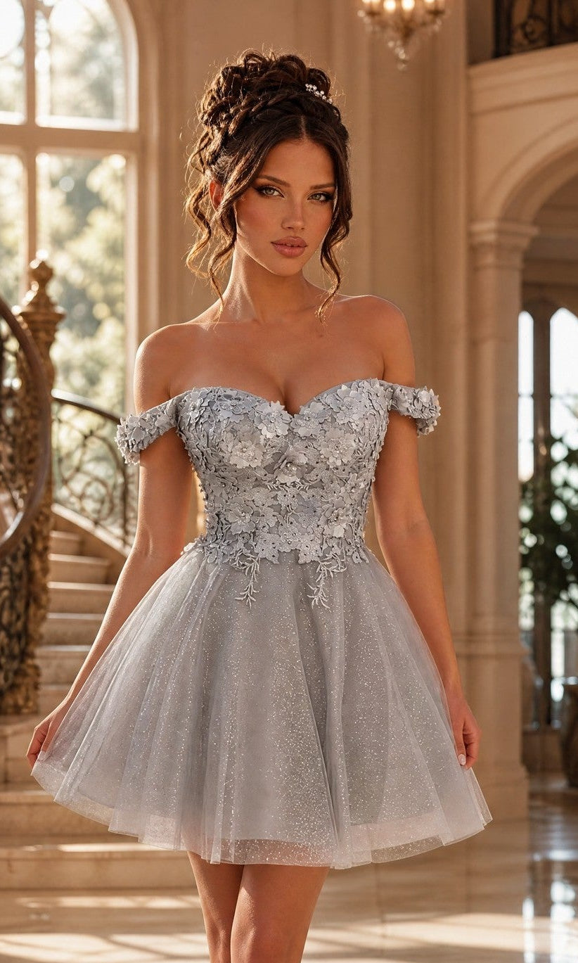 A woman wearing the Beaded-Bodice Short A-Line Homecoming Dress C315 stands indoors by a staircase in an elegant setting.